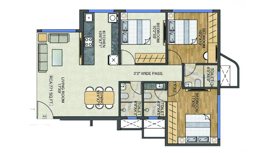 Modis-Rashmi-Signature-Floor-Plan-GH1-3 BHK-771 Sqft